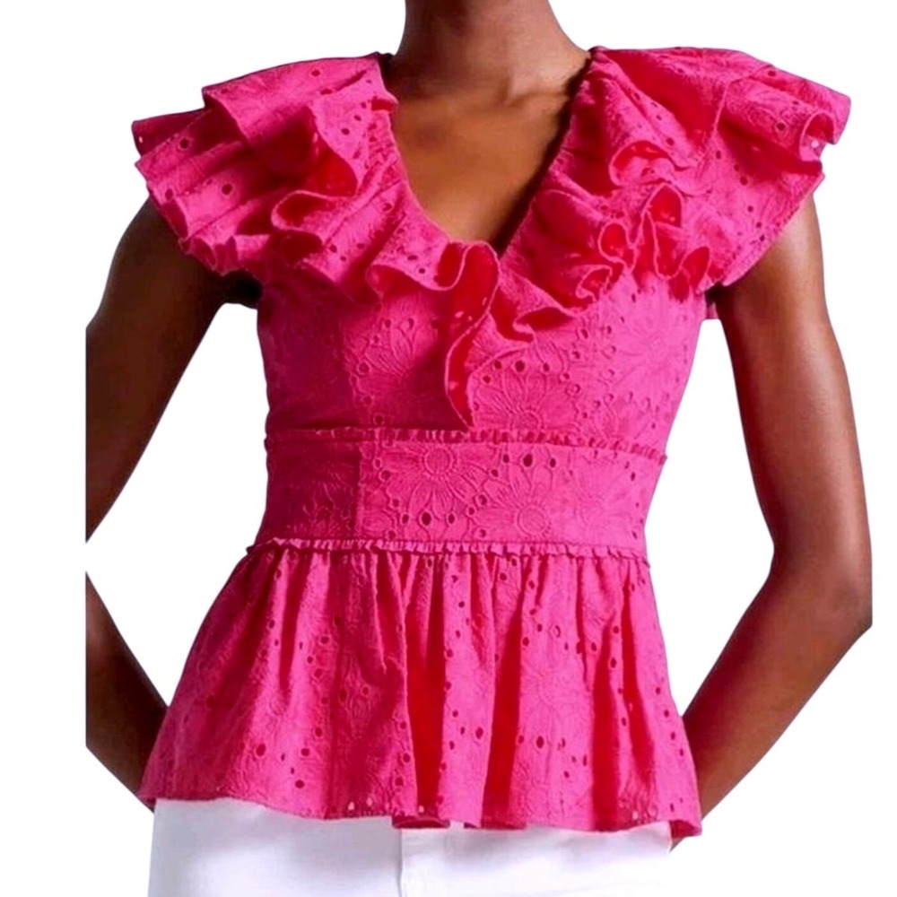 Ted Baker Mazieh Eyelet Ruffle Peplum Top Bright Pink V-Neck Size 0 US 2